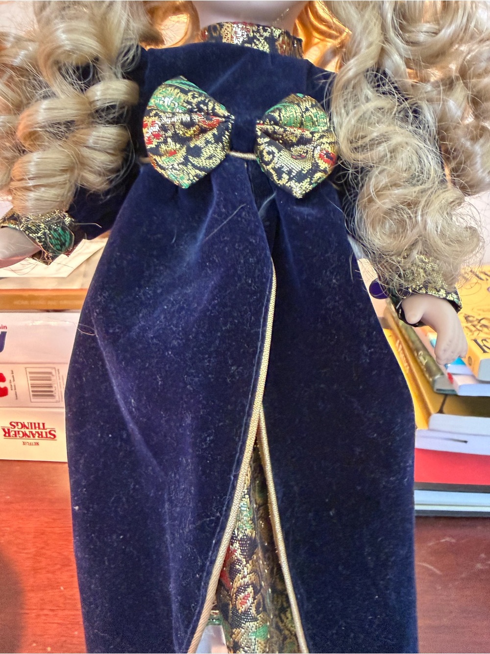 Collectible Blonde Curly-Hair Porcelain Doll in Navy and Gold - Picture 5 of 7